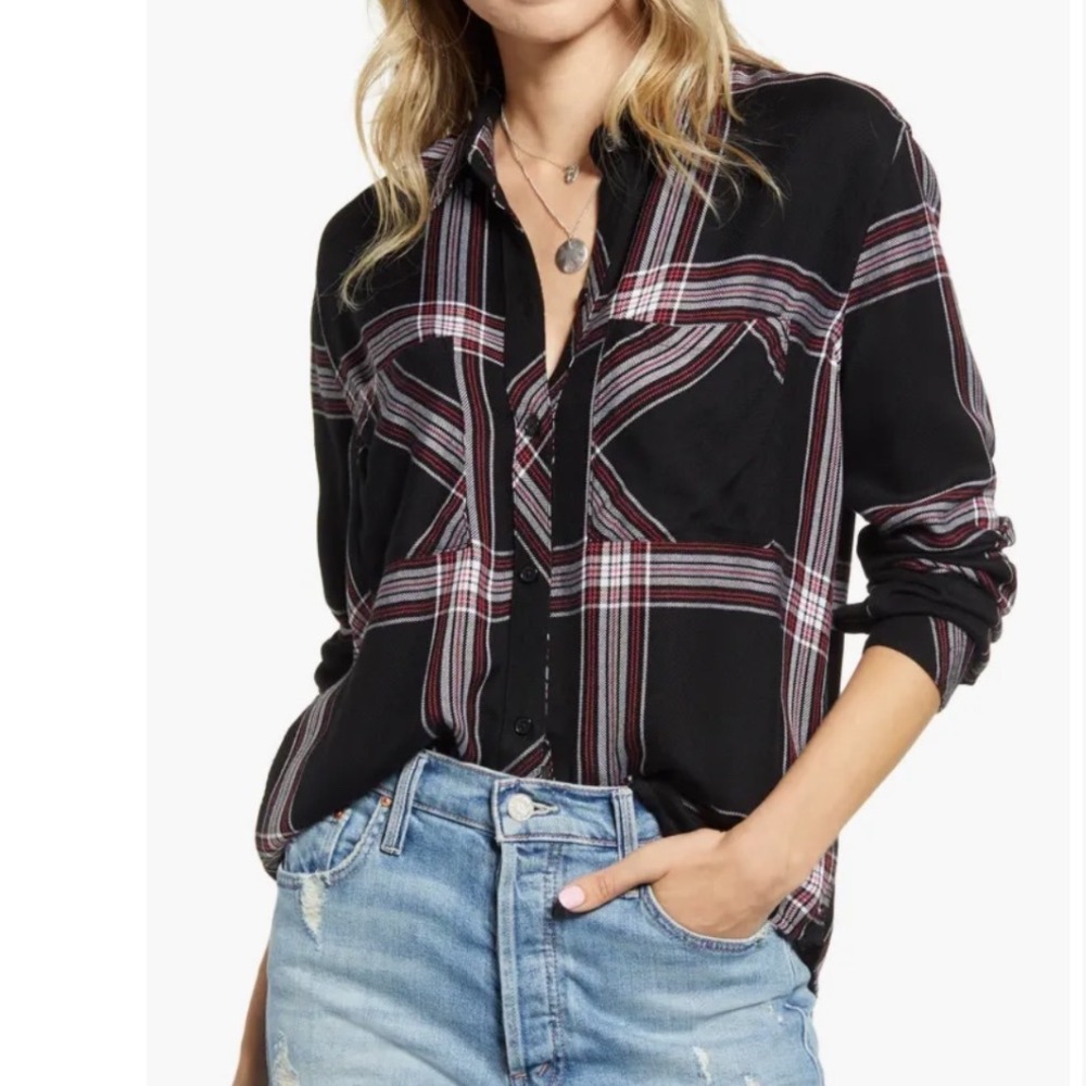 Rails Dylan Plaid Button Down‎ Shirt Black Red White Long Sleeve Size Small